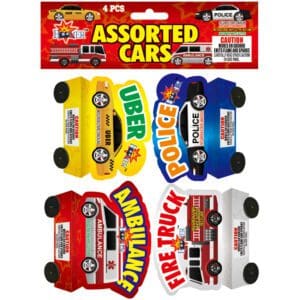 Four assorted toy cars with wheels.