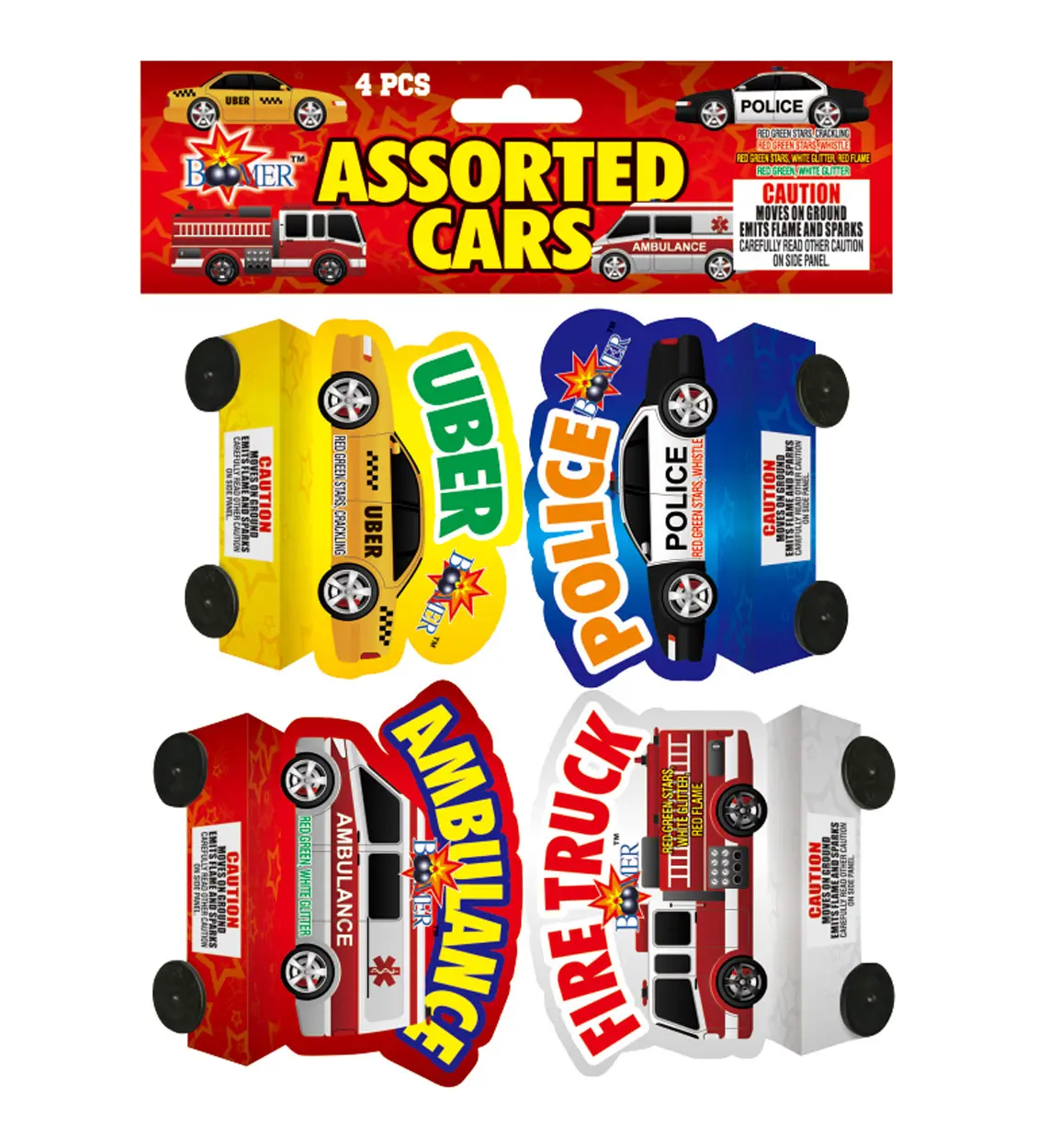 Four assorted toy cars with wheels.