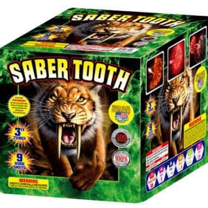 Saber Tooth fireworks box with tiger illustration.