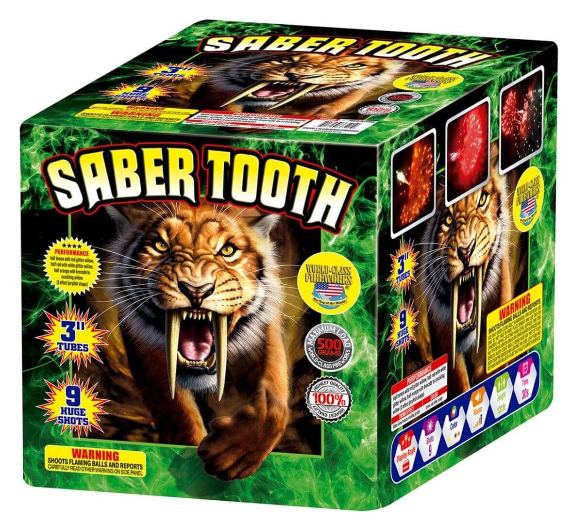 Saber Tooth fireworks box with tiger illustration.