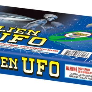 Alien UFO fireworks packaging, blue box design.