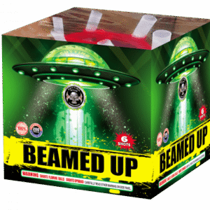 UFO-themed fireworks box labeled "Beamed Up.