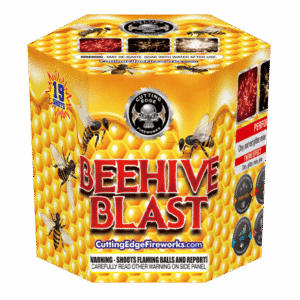 Beehive Blast fireworks packaging with bees design.