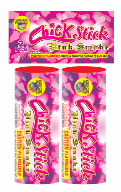 Pink smoke fireworks packaging with heart design.