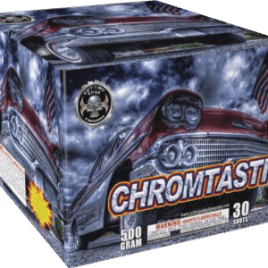 Chromtastic fireworks box with vintage car design.