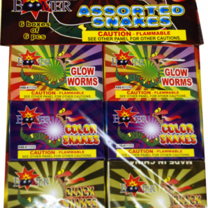 Assorted fireworks snakes; 6 boxes.
