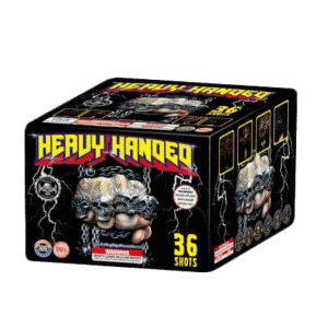 Fireworks packaging labeled "Heavy Handed," 36 shots.
