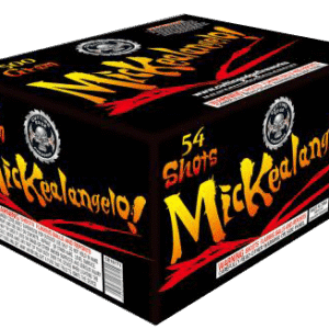 Fireworks box labeled "Mickelangelo" with 54 shots.