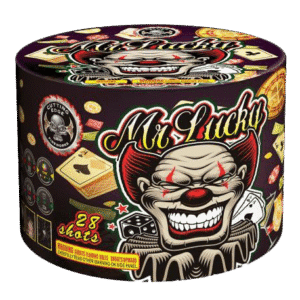 Fireworks packaging with clown and cards design.
