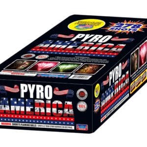 Fireworks box labeled "Pyro America" with images.