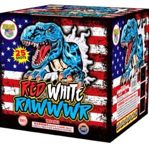Dinosaur-themed fireworks box with American flag.