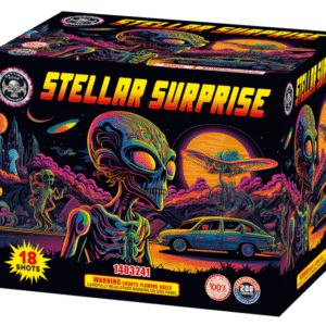 Alien-themed fireworks box with vibrant cosmic design.