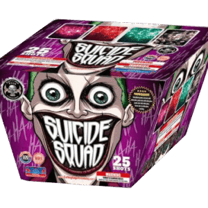 Fireworks box with a clown-themed design.