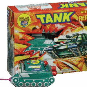 Toy tank with colorful packaging.