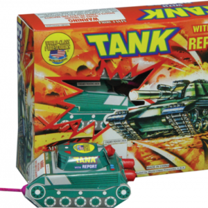 Toy tank with explosive-themed packaging.
