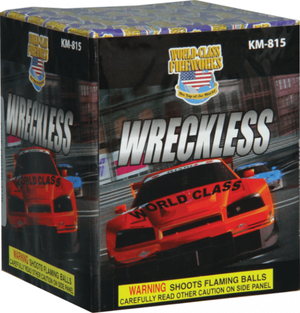 Here's an alt tag for the image: `Wreciless fireworks box with race cars`