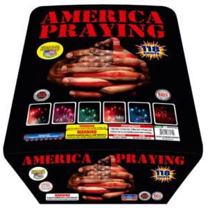Fireworks box labeled "America Praying" with hands.