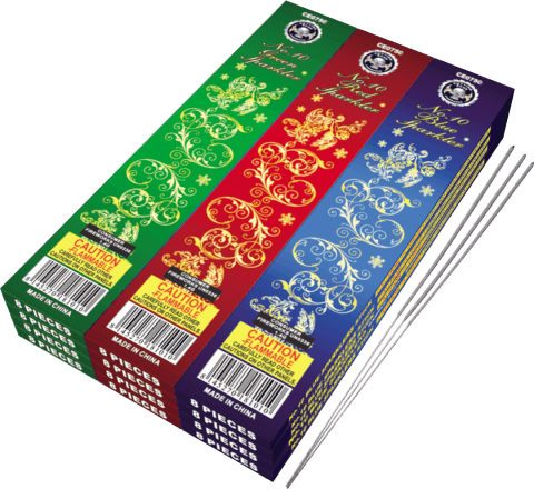 Colorful boxes of sparklers with caution labels.