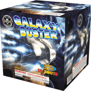 Galaxy Buster fireworks box with spaceship design.