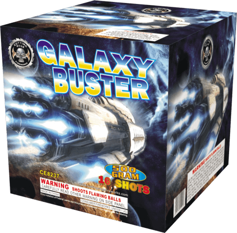 Galaxy Buster fireworks box with spaceship design.