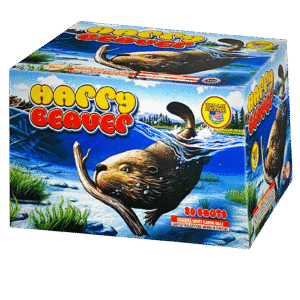 Happy Beaver fireworks box with beaver illustration.