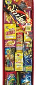 Fireworks assortment pack with various colorful designs.