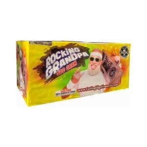 Rocking Grandpa fireworks box, colorful design.