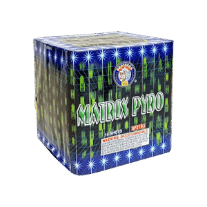 Matrix Pyro fireworks box with digital design.