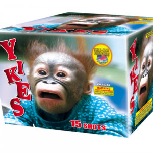 Here's an alt tag for the image: `YIKES fireworks box, monkey, 15 shots`