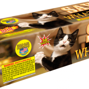 Here's an alt tag for the image: "Say What?? Fireworks box with cats"
