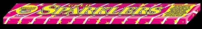 Here's an alt tag for the image: Gold sparklers box, pink and yellow.