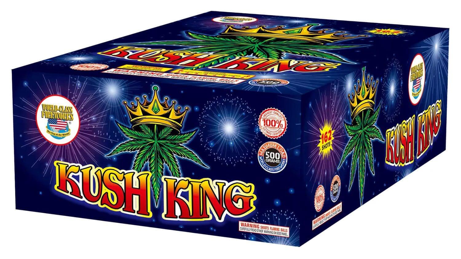Fireworks box labeled "Kush King" with crown.