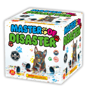 Colorful fireworks box with dog illustration.