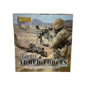 Fireworks packaging featuring armed forces imagery.
