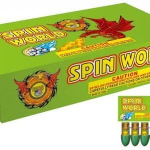 Green Spin World fireworks box with dragon design.