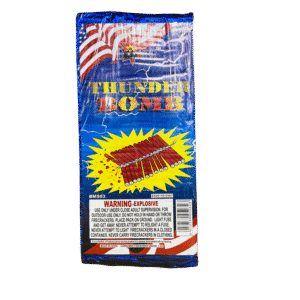 Fireworks labeled "Thunder Bomb" with warning text.