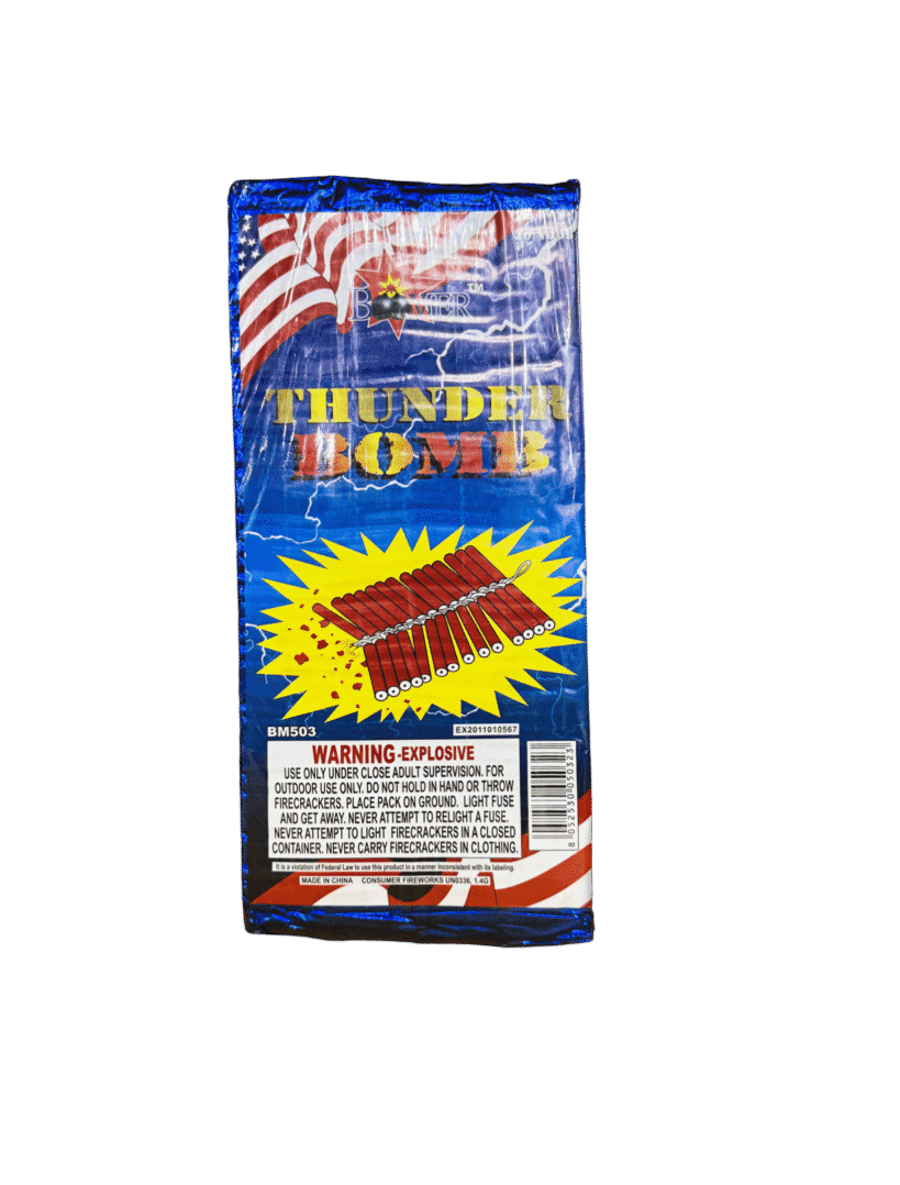Fireworks labeled "Thunder Bomb" with warning text.