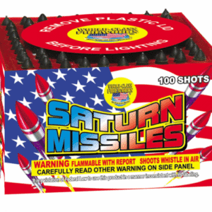 Fireworks box labeled "Saturn Missiles," 100 shots.
