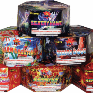 Fireworks assortment with colorful packaging and labels.