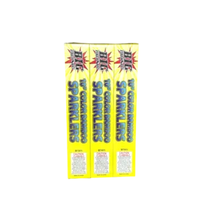 Yellow boxes of colored sparklers on black.