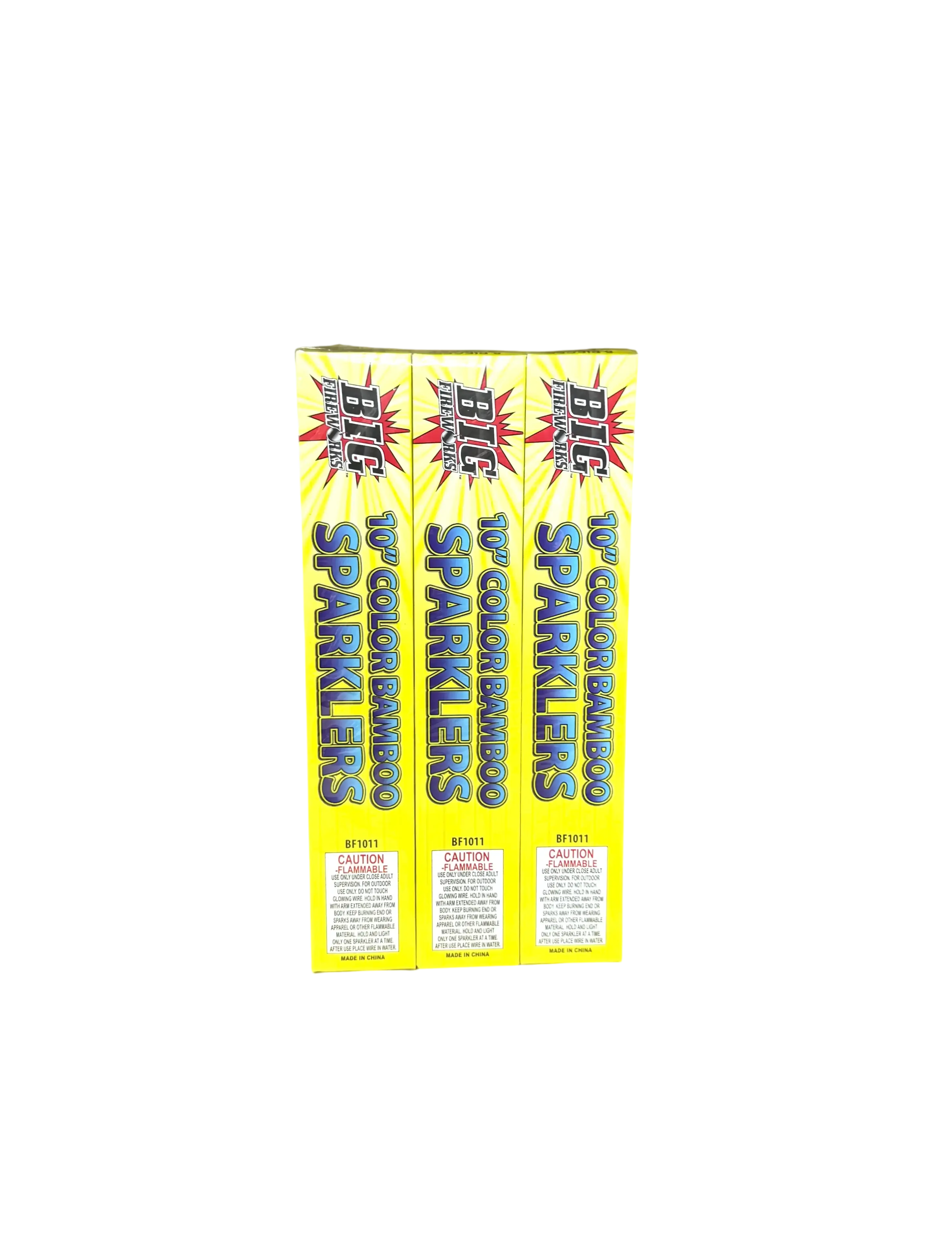 Yellow boxes of colored sparklers on black.