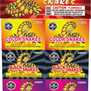 Assorted snakes fireworks packaging with safety warnings.
