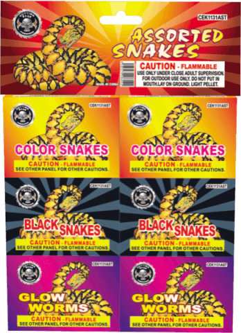 Assorted snakes fireworks packaging with safety warnings.
