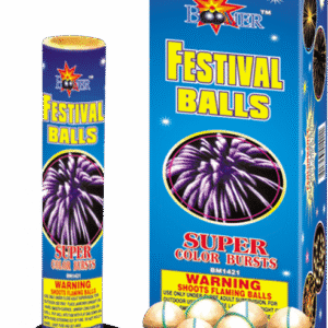 Fireworks packaging with festival balls and warning.