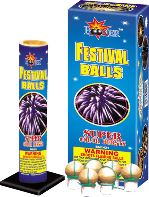 Fireworks packaging with festival balls and warning.