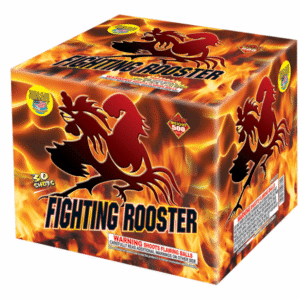 Fireworks box labeled "Fighting Rooster" with flames.