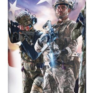 Fireworks packaging with soldiers and American flag.