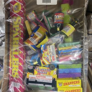 Box of assorted fireworks and sparklers.