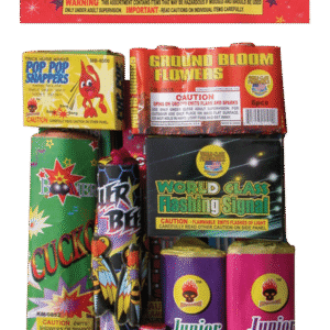 Kids' fireworks assortment with colorful packaging.