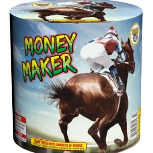 Horse racing-themed fireworks with jockey image.